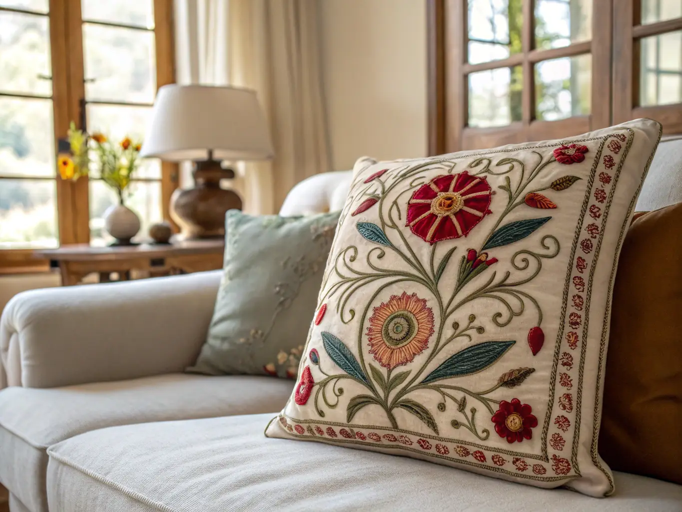 A photograph of cotton broadwoven fabrics being used in home decor, such as curtains and upholstery, highlighting the versatility of the material.