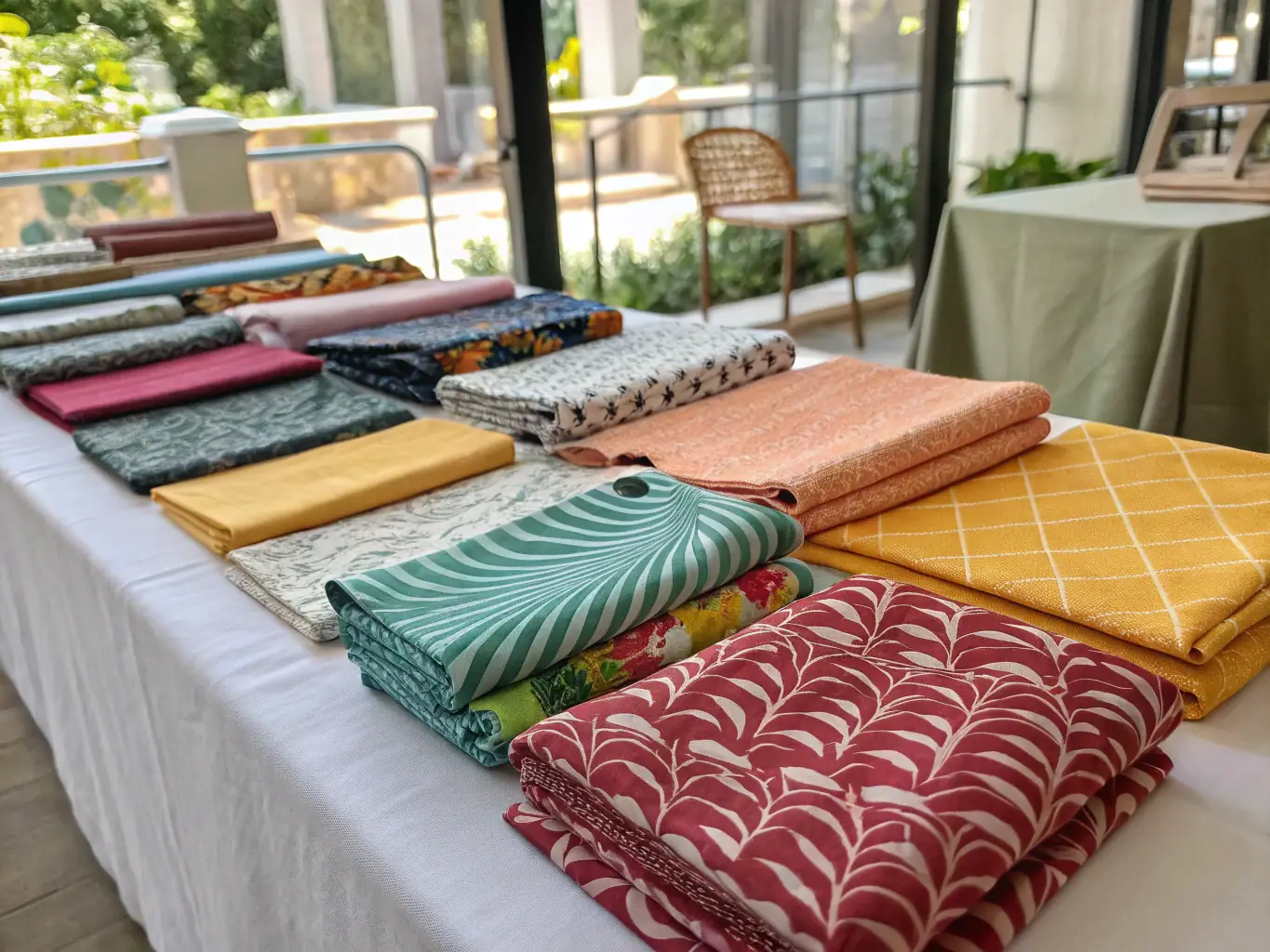 A close-up shot of a stack of brightly colored cotton broadwoven fabrics, showcasing different patterns and textures, with a focus on the quality of the weave and print.