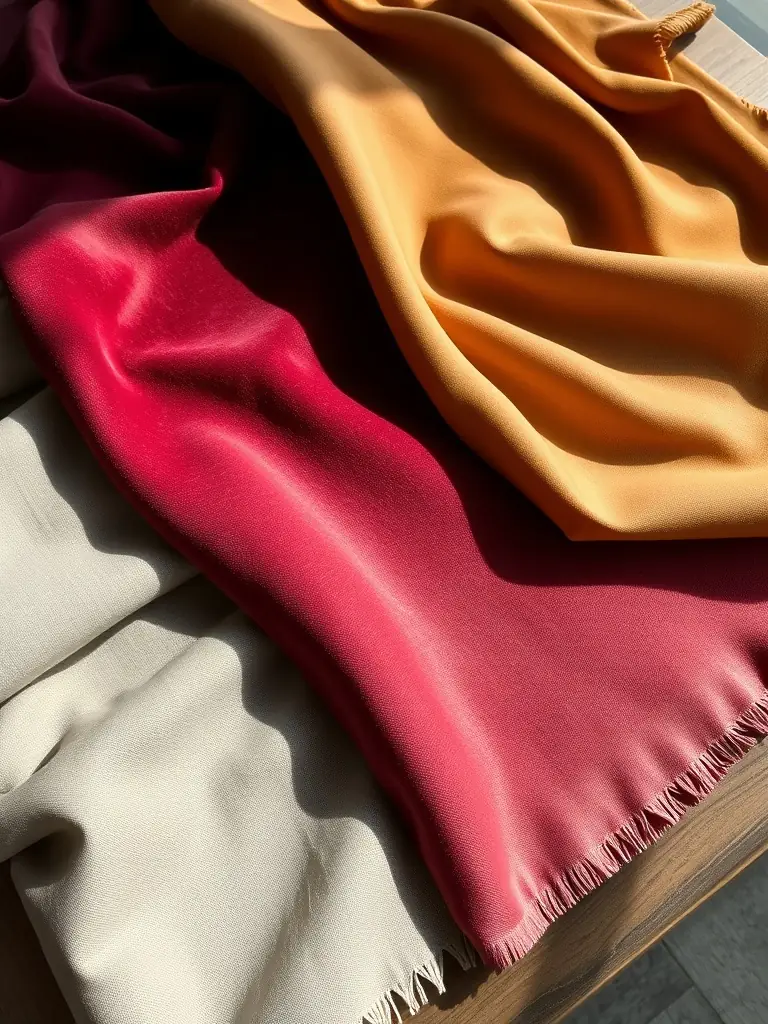 A photograph showcasing a variety of cotton broadwoven fabrics (e.g., poplin, percale, twill) with different screen-printed designs, highlighting the versatility of Fashion Textile of Florida's services.