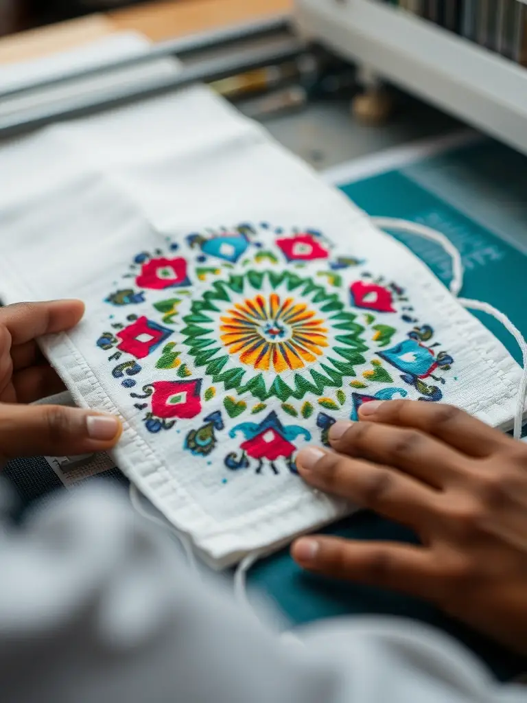 A close-up shot of a vibrant, multi-colored design being screen printed onto a high-quality cotton broadcloth fabric at Fashion Textile of Florida, showcasing the precision and detail of the printing process.